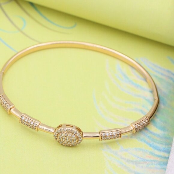 Rose Gold Bangle with Oval CZ Center and Textured Segments, XPBL0597 - Picture 6 of 12